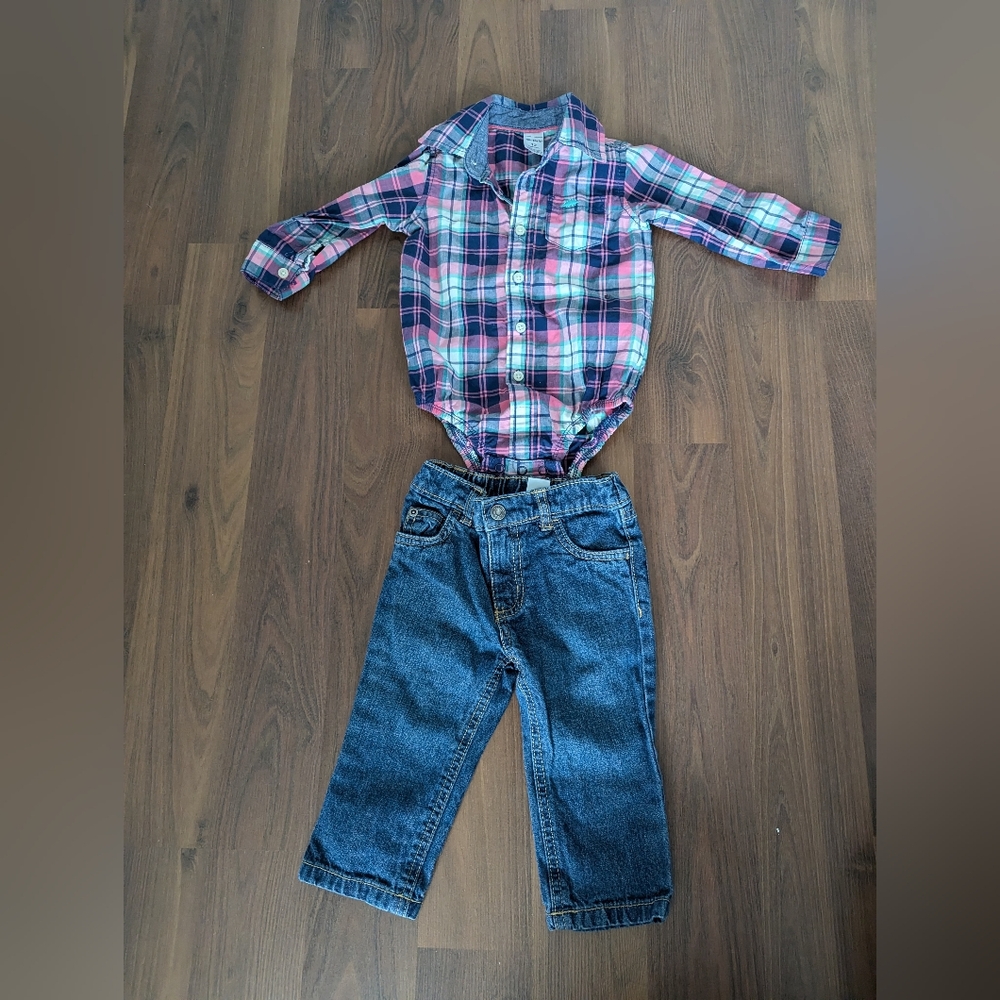 Like New Condition Plaid Button-Up Onesie and Denim Jeans Set